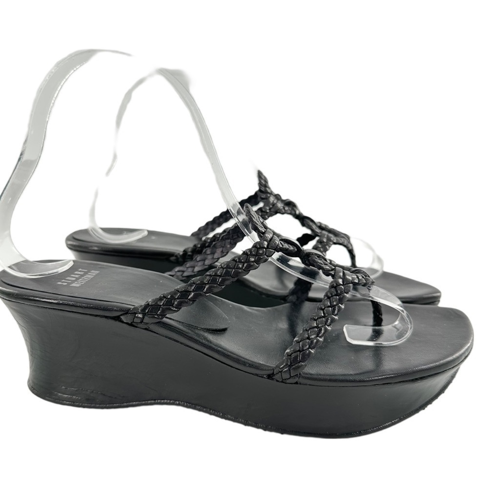 Stuart Weitzman womens sandals 8 black leather braided chunky platform slides - Picture 12 of 12